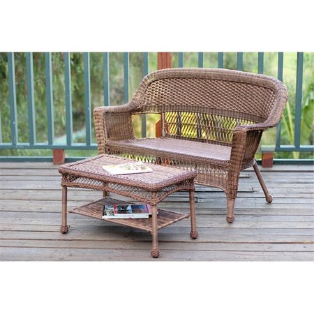 JECO Honey Wicker Patio Love Seat And Coffee Table Set Without Cushion W00205-LCS